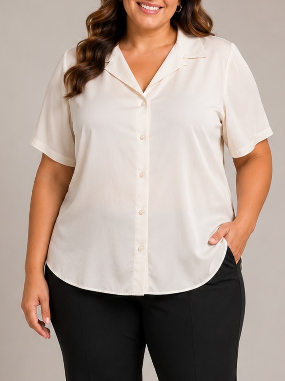 Impressions Light cream Short-Sleeve Button-Down Shirt 1X